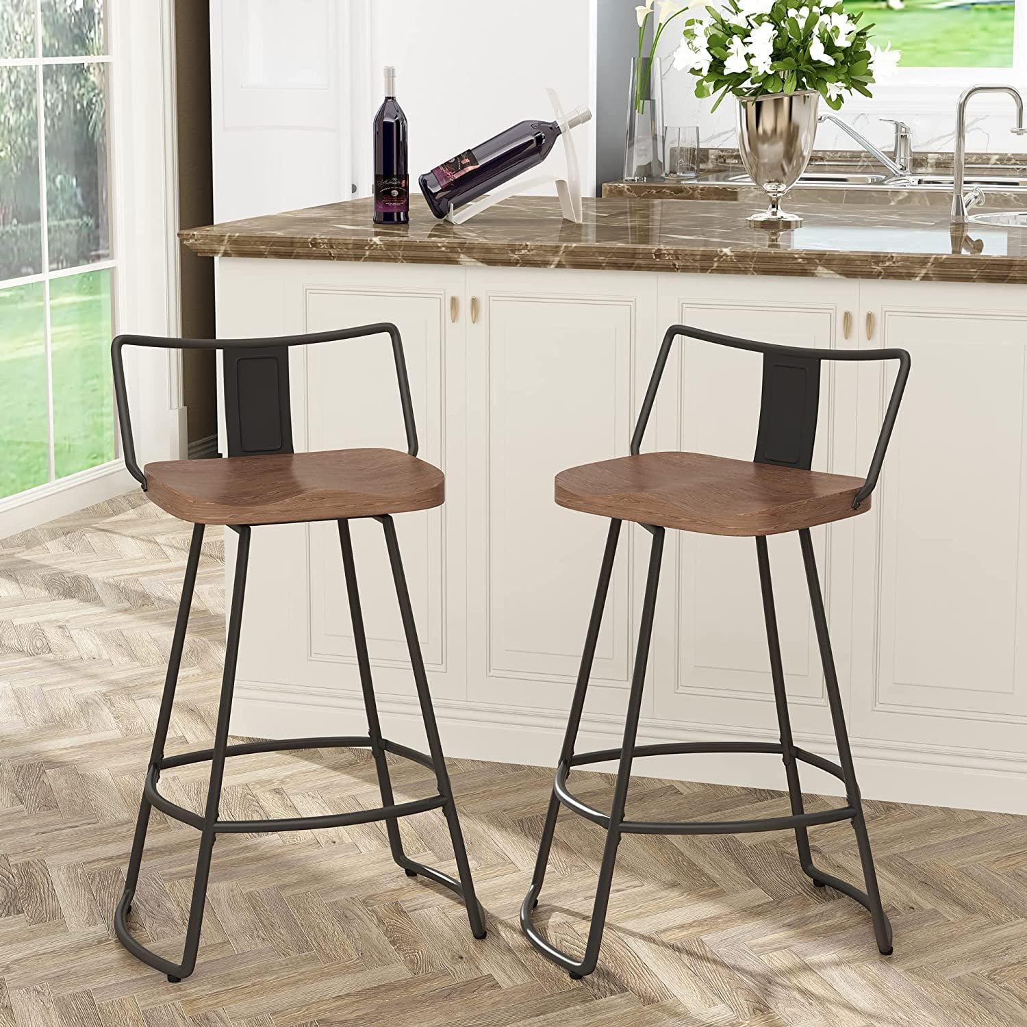 26" Swivel Bar Stools Industrial Kitchen Metal Counter Height Stools