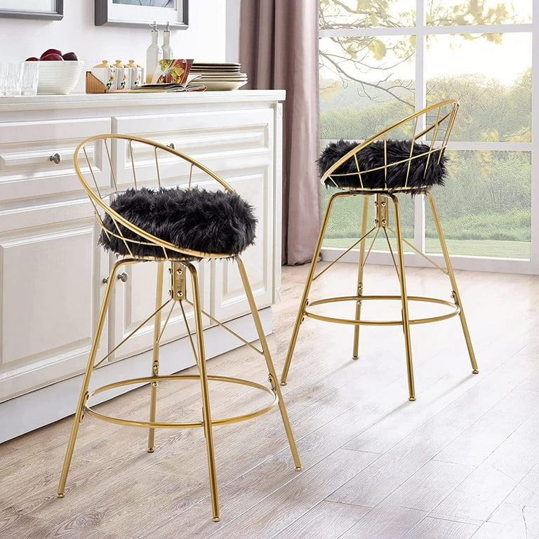 26 Swivel Upholstered Bar Stools with Backs Black Faux Fur Gold Metal Counter Height Stools