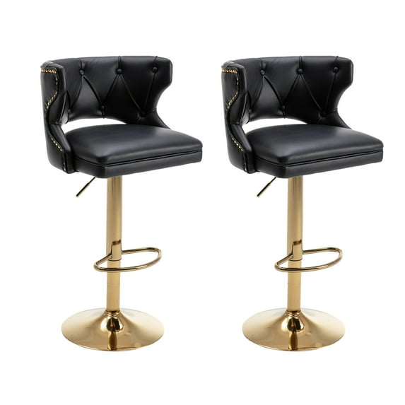 26-35 Inch Bar Stools, Counter Height Adjustable Swivel Barstools High Bar Chairs with Back & Golden Metal Base, Stools Chair with Footrest for Home Kitchen/Dining Room/Cafe(Black,Set of 2)
