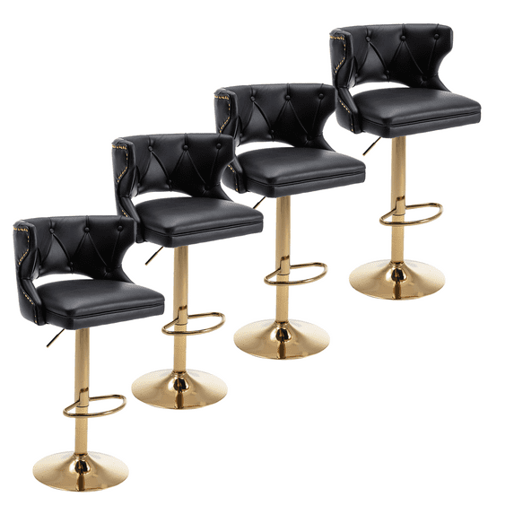 26-35 Inch Bar Stools, Counter Height Adjustable Swivel Barstools High Bar Chairs with Back & Golden Metal Base, Stools Chair with Footrest for Home Kitchen/Dining Room/Cafe(Black,Set of 4)