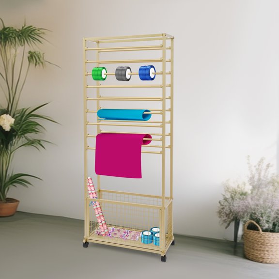 26.38x12.6x66.93in Freestanding Ribbon Holder 20 Hanging Rods, 4 Braked Wheels, Iron Construction Gold/White/Black(Optional) for Clothing Stores & Gift Shops