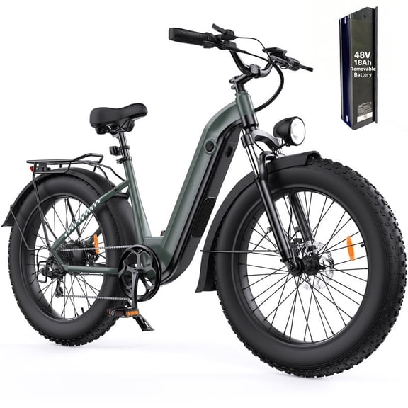 26*4" Electric Bike,1500W Peak Motor,48V 18Ah Removable Battery,65+ Mile Range,Front Suspension & Hydraulic Brakes,Green