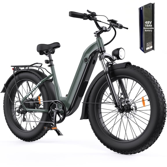 26*4" Electric Bike,1500W Peak Motor,48V 18Ah Removable Battery,65+ Mile Range,Front Suspension & Hydraulic Brakes,Green