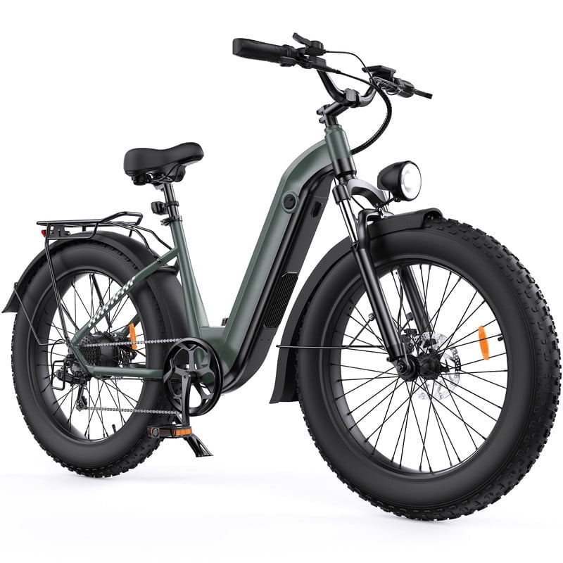 26*4" Fat Tire Electric Bike,1500W Peak Motor,48V 13Ah Removable Battery,50+ Mile Range,Front Suspension,Green