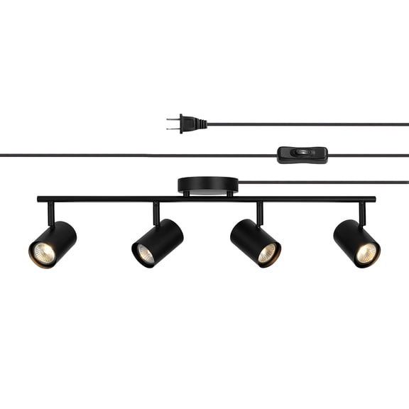 26" 4-Light Plug-In Track Lighting, Matte Black, Pivoting Track Heads, 15-Foot Black Cord, In-Line on/Off Rocker Switch