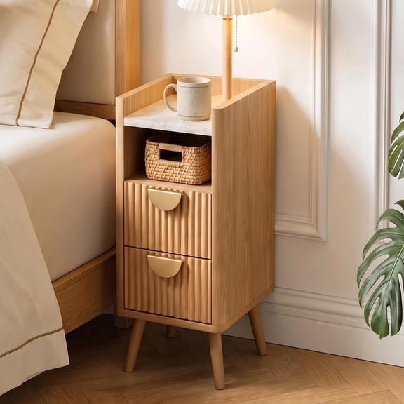 26.4" Tall Narrow Nightstand Set of 1, 9.8" Wide Fluted End Table with 2 Drawer & Open Shelf, Wood Night Stand with Rounded Corner, Slim Side Table for Bedroom, Living Room, Natural