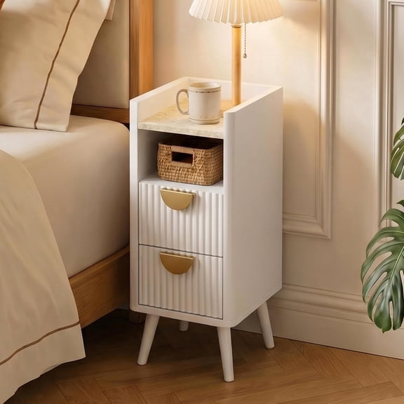 26.4" Tall Narrow Nightstand Set of 1, 9.8" Wide Fluted End Table with 2 Drawer & Open Shelf, Wood Night Stand with Rounded Corner, Slim Side Table for Bedroom, Living Room, White