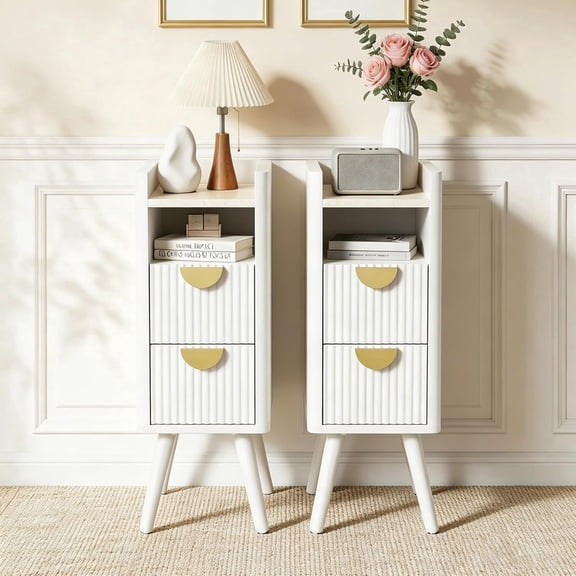 26.4" Tall Narrow Nightstand Set of 2, 9.8" Wide Fluted End Table with 2 Drawer & Open Shelf, Wood Night Stand with Rounded Corner, Slim Side Table for Bedroom, Living Room, White