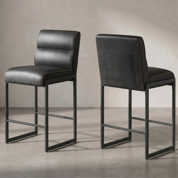 26.4 in. Ink Black Counter Height Bar Stools with Back and Synthetic Leather Stitching (Set of 2)