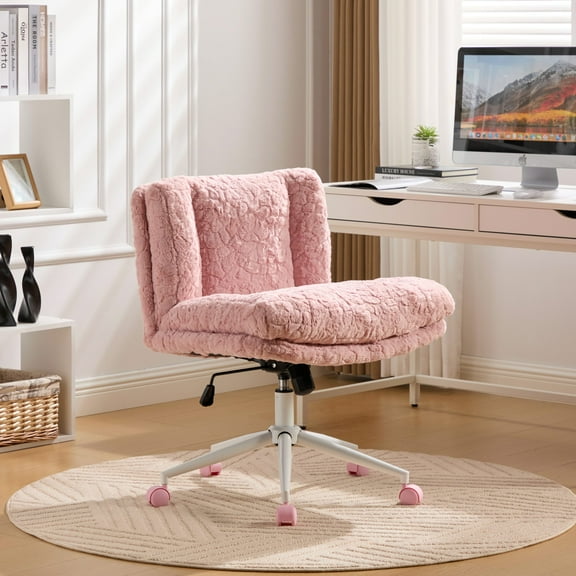 26.4 inch Wide Seat Office Chair, Plush Faux Rabbit Hair Desk Chair with Metal Base, Adjustable Swivel Vanity Chair for Home Office, Bedroom,Pink