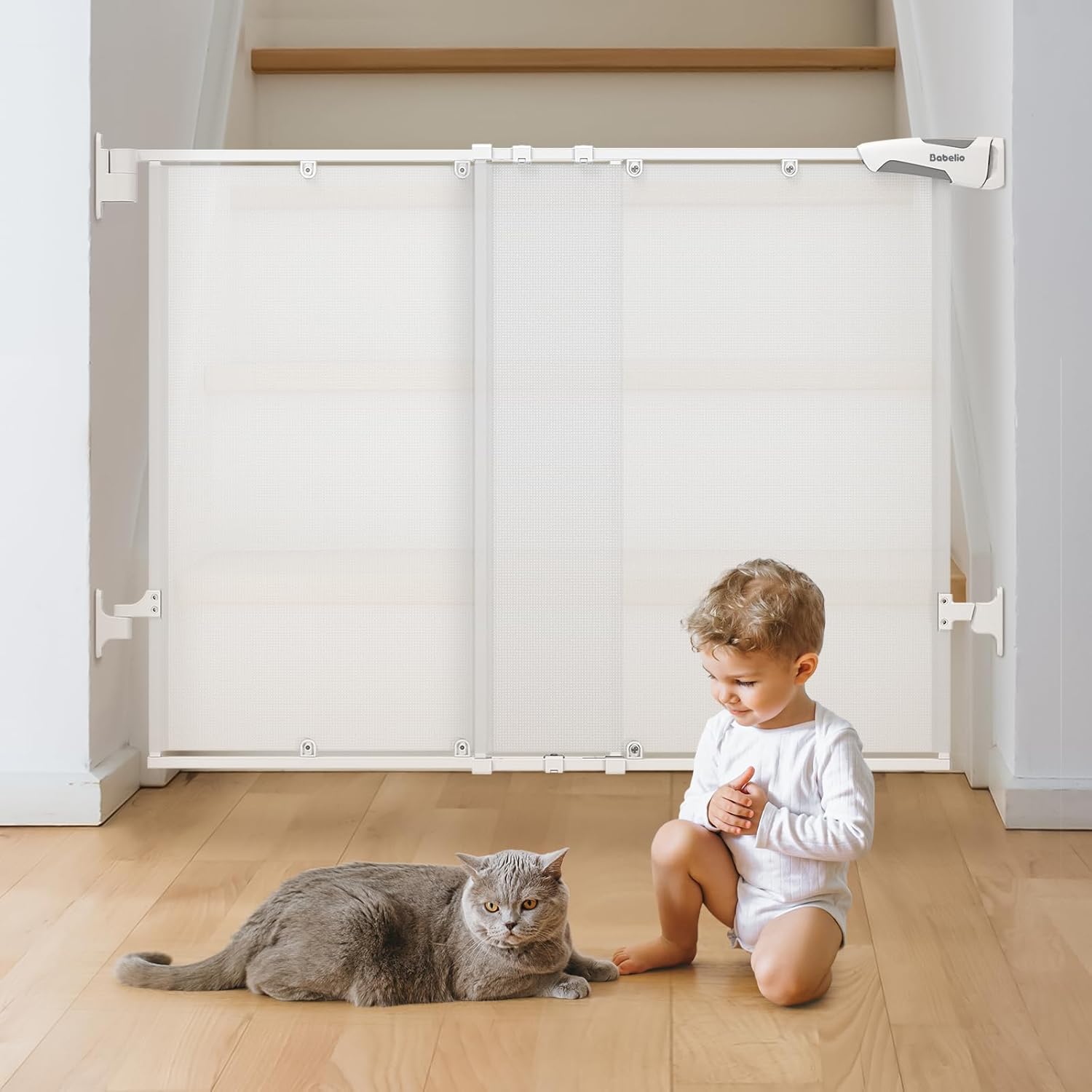 26-43" No Bottom Bar Baby Gate for Stairs, Mesh Dog Gate with Large Walk Thru Door, One-Handed Open, Auto-Closing, 2-in-1 Hardware Mount Safety Pet Gate for Doorways and Hallways, White
