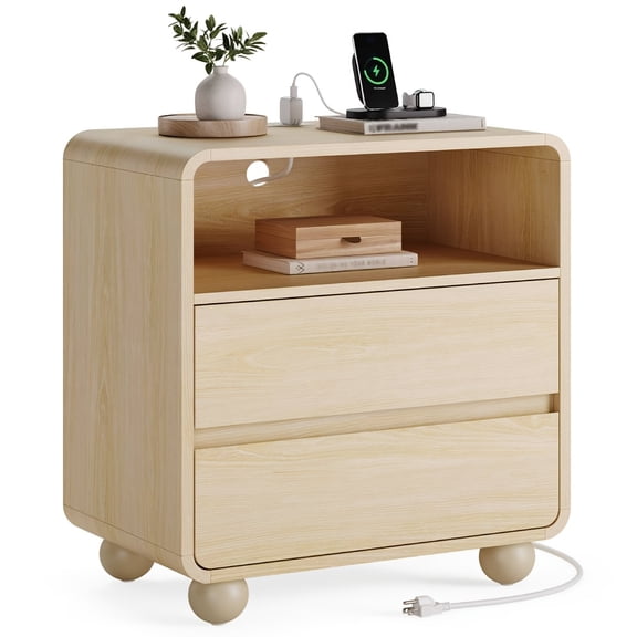 26.46" Tall Extra Large Set Of 2 Or 1 Modern Curved 2 Drawer Nightstand with Charging Station, Rounded Metal Legs, Bedside Table with Smooth Curved Edge And Hidden Handles