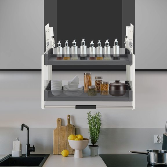 26.46lbs Load Pull-down Shelf 2-Tier Glass Upper Cabinet Storage