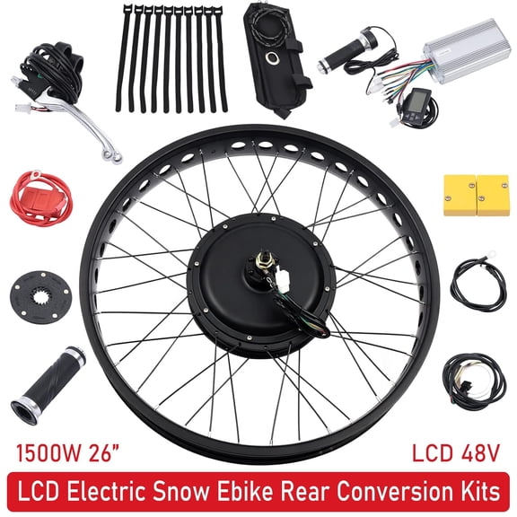 26" 48V 1500W E-Bike Rear Wheel Conversion Kit 55Nm Snow Bike/Fat Tire Electric Bike Conversion Kit Brushless Gearless Wheel Hub Motor with LCD Display & 5-Speed Adjustable for 26x4.0In Tire