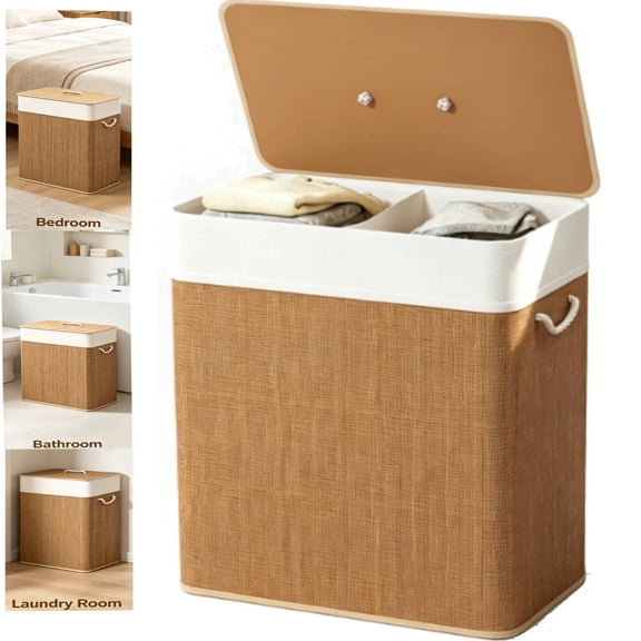 26.4Gal Bamboo Laundry Hamper Brown, Double Laundry Basket with Lid & Rope Handles, Removable Liner 2-Compartment for Bedroom