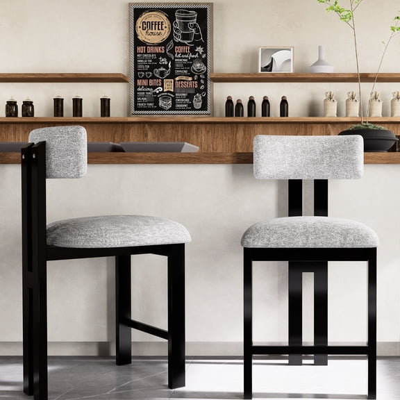 26.5'' Contemporary Low Back Round Stools, Upholstered Seat & Metal Support For Home Spaces Modern Stools With Back, Soft Black Base Kitchen Use