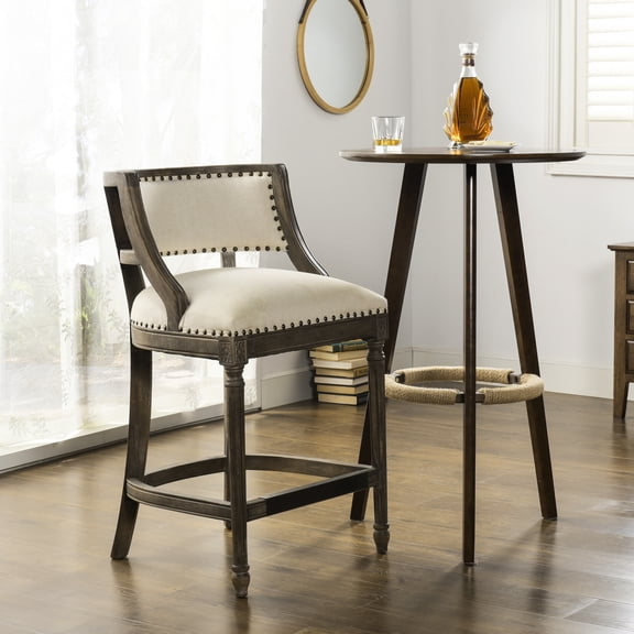 26.5" Counter Height Bar Stool With Beige Linen Covering. Relaxing Sitting Comfort. Solid Hardwood. Mid-height Back Low Form. Recessed Arm. Protected Brass- Footrest. Suits & Tables In Linen.