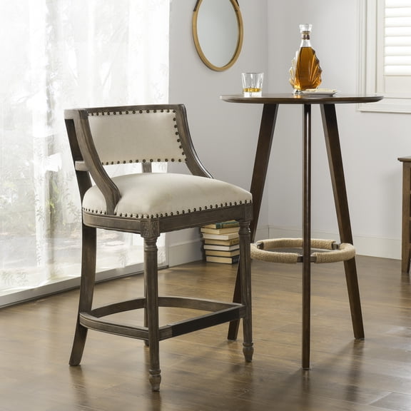 26.5" Counter Height Bar Stool In Beige Linen. Cushioned Upholstered Seat. Solid Hardwood Build. Mid-height Back Ease. Low Appearance. Recessed Arm. Brass- Footrest. For & Tables With Linen