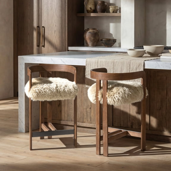 26.5 Inch Low Back Counter Height Bar Stool, Solid Ash Wood Frame with Natural Sheepskin Fur Cushion, Rustic Brown Counter Stool