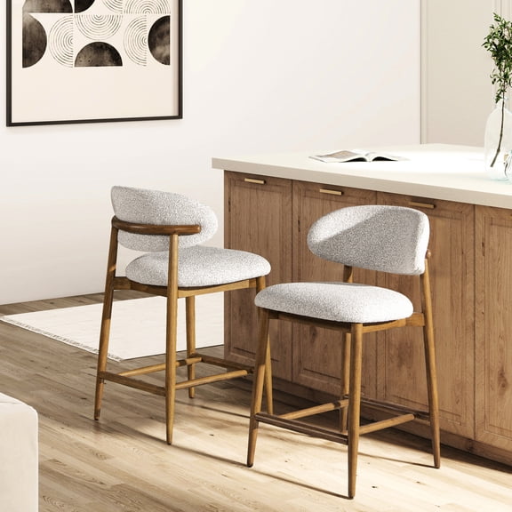 26.5" Modern Counter Stool - Wood Frame Gray Boucle Upholstery Comfortable For Study Room With Design Sitting Area