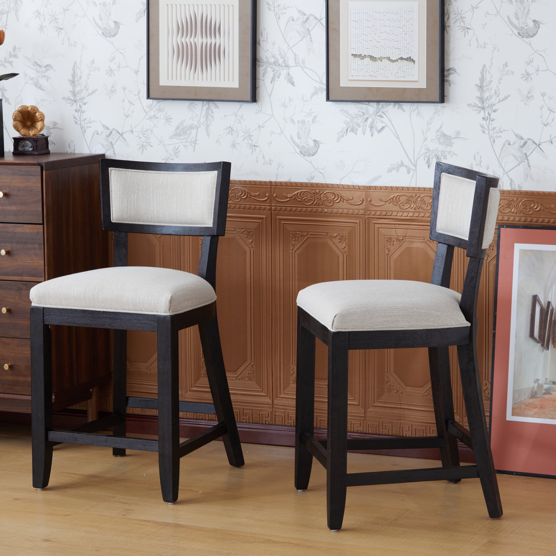 Christopher Knight Home Modern Farmhouse 26.5" Upholstered Bar Stools Set of 2, Rubberwood Frame, Black+Beige