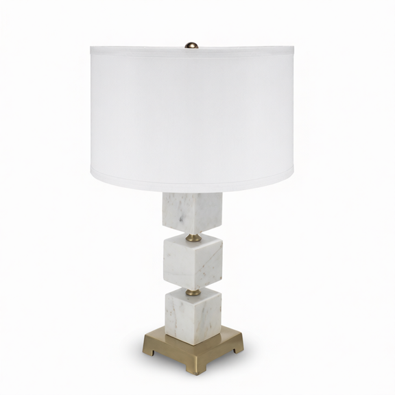 26.5" White Marble Cube Table Lamp with Gold Accents and Drum Shade, Modern Bedside & Desk Lighting