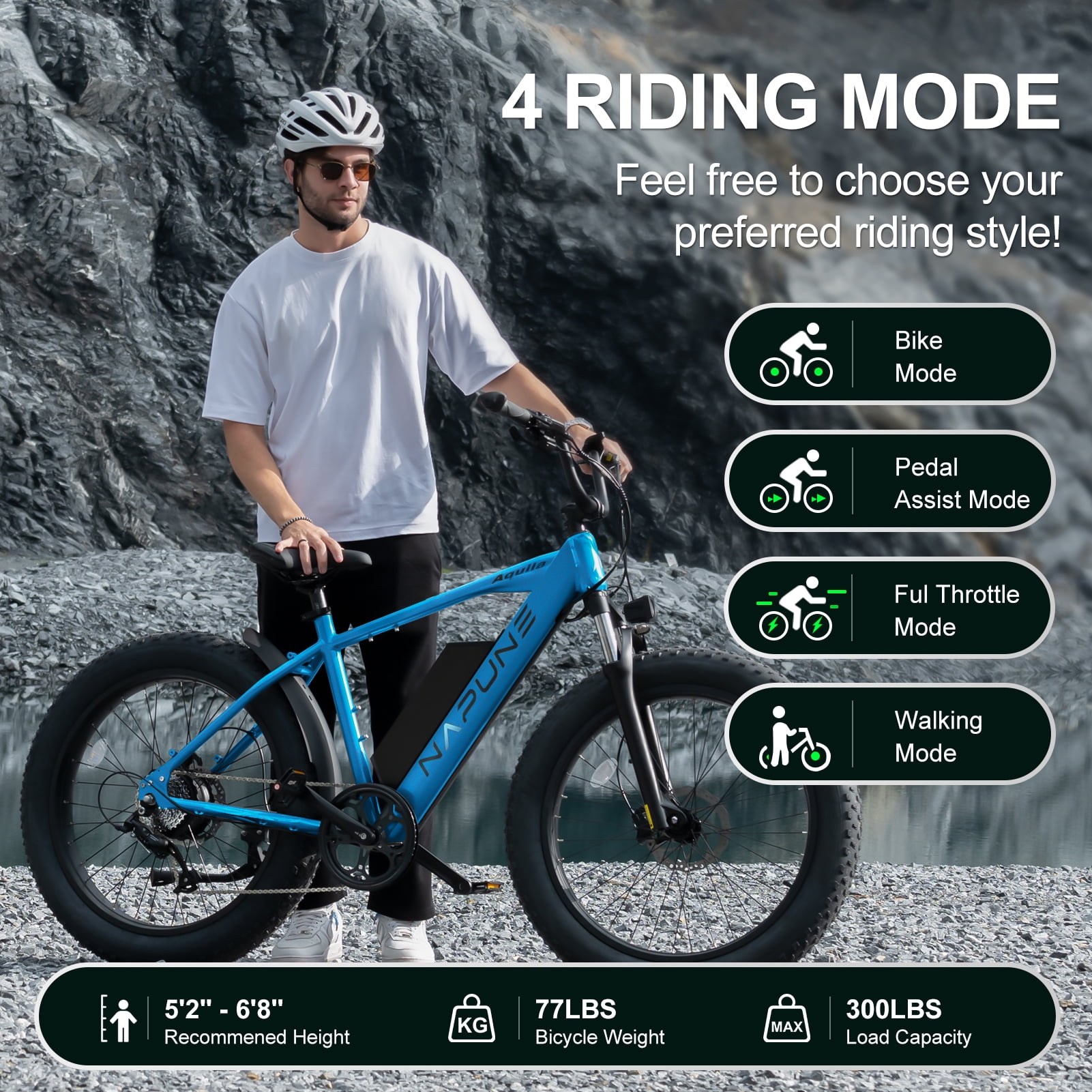 26" 52V 1000W Fat Tire Electric Bike, 15Ah Battery, 28MPH, 65+ Miles Range, 9-Speed, LCD Display - Adults Electric Bicycle Blue