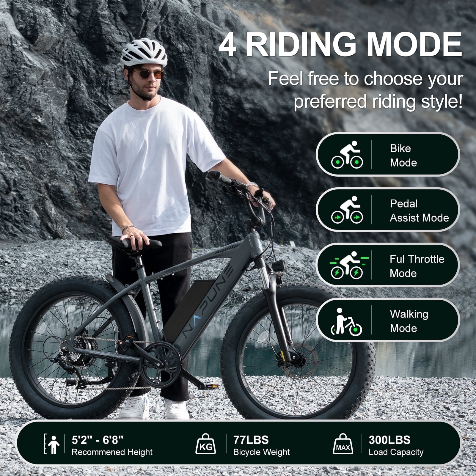 26" 52V 1000W Fat Tire Electric Bike, 15Ah Battery, 28MPH, 65+ Miles Range, 9-Speed, LCD Display - Adults Electric Bicycle Grey