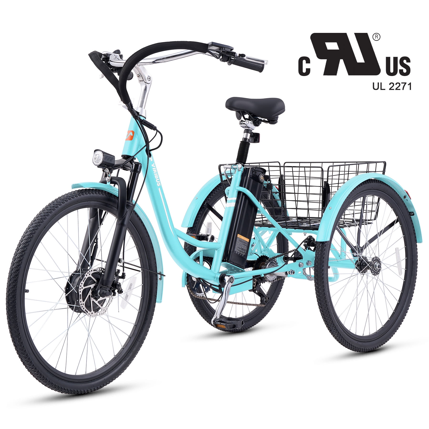 26" 7 Speed Front Suspension Fork Dual Chain Electric Tricycle 350W 3 Wheel Bike with 48V 13Ah Battery UL 2271 Aqua