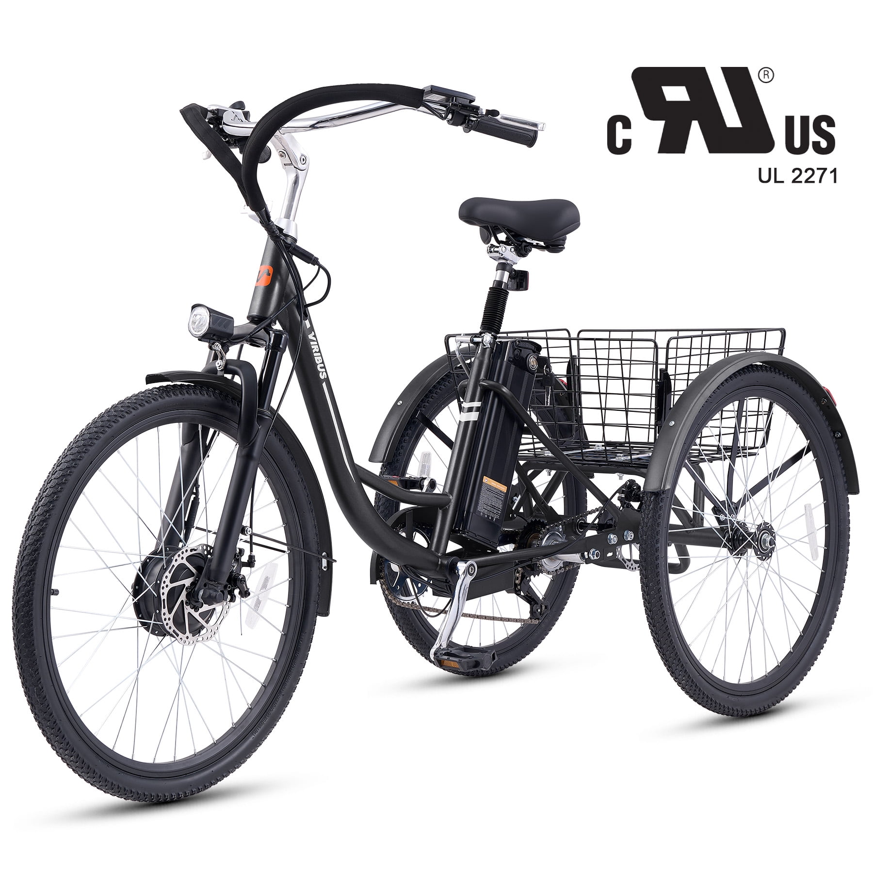 26" 7 Speed Front Suspension Fork Dual Chain Electric Tricycle 350W 3 Wheel Bike with 48V 13Ah Battery UL 2271 Black