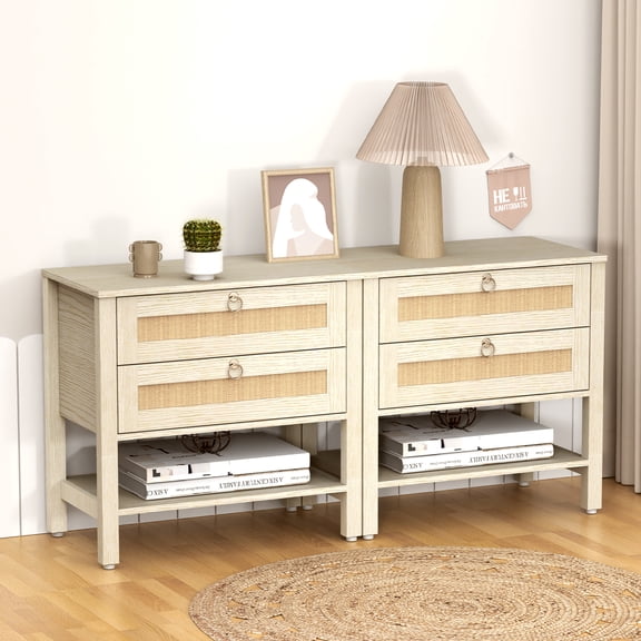 26.7"W Boho Nightstand Set of 2, Farmhouse Bedside Tables with Drawers and Storage Shelf, Boho Bedside Table Narrow Side Table for Living Room, Bedroom