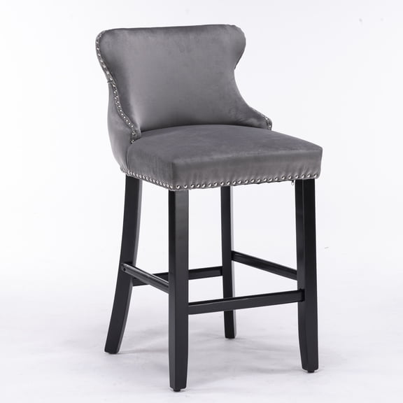 26.7 in.Gray Wing Back Wood Bar Stool Tufted Upholstered Velvet Counter Stools (Set of 2)