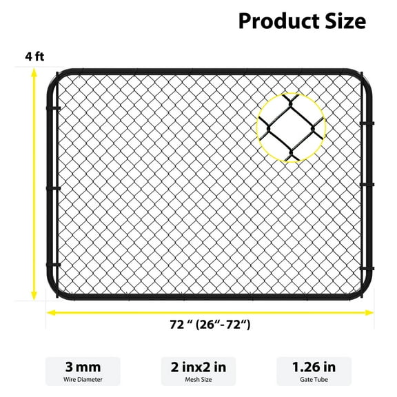 26"-72" W x 4' H Fence Gate Kit Chain Link Outdoor Metal Garden Gate,Adjust-A-Gate backyard gate Chain Link Fence Panels Wood Metal fencing Gate Walk-Through Gate Kit Anti-Rust for Yard Black