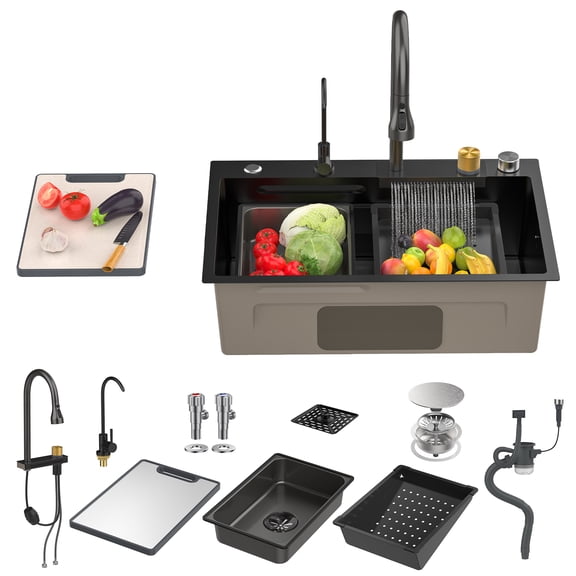 26.77" Black Nano Kitchen Sink, Workstation Single Bowl Sink with Waterfall Faucet & Easy Installation Kit