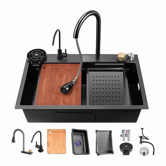 26.77" Black Nano Kitchen Sink, Workstation Single Bowl Sink with Waterfall Faucet & Easy Installation Kit