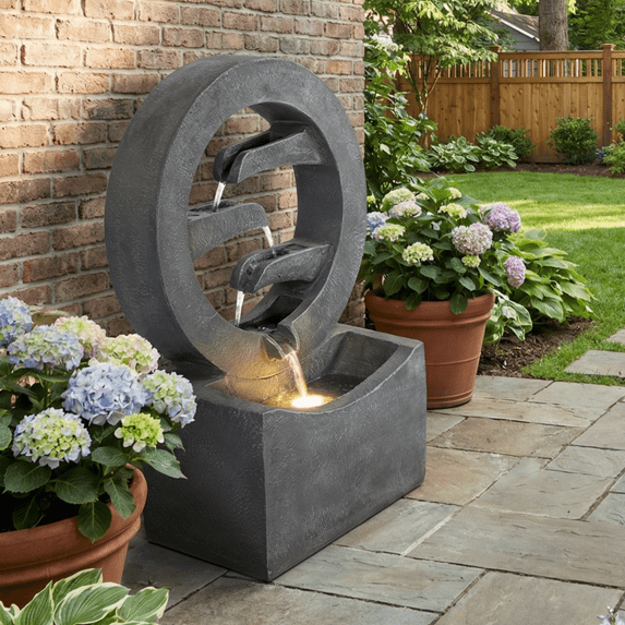 26.77" H Circular Polyresin Outdoor Water Fountain with LED Light,Freestanding Modern Cascading Water Feature for Patio Garden Backyard Decorm,Gray