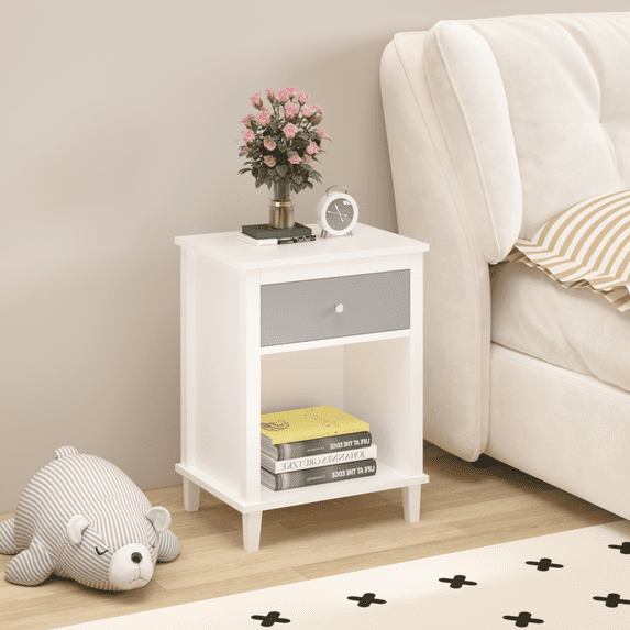 26.77''H Modern Nightstand,Nightstand with One Drawer,Open Storage Shelf Wood End Side Table,Night Stand for Living Room, Bedroom,White+Gray