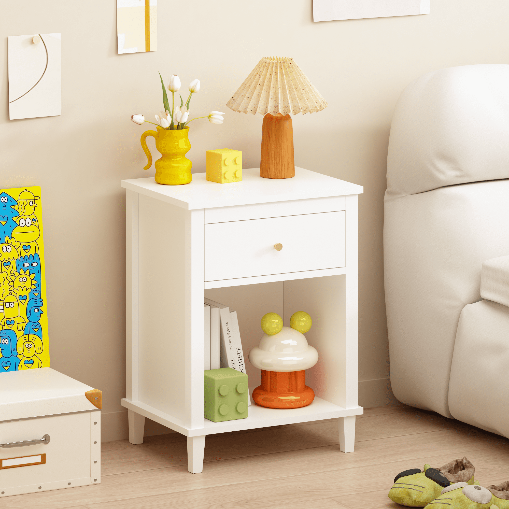 26.77" H White Wooden Nightstand with Drawer & Open Shelf, Golden Handle, Bedside Table for Kids & Adults, Anti-Tip Safety