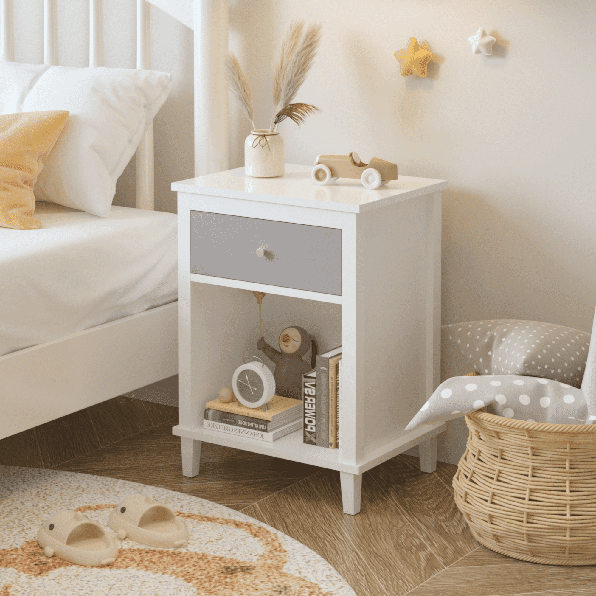 26.77''H Wooden Nightstand with One Drawer One Shelf for Kids, Adults,Gray+Silver handle