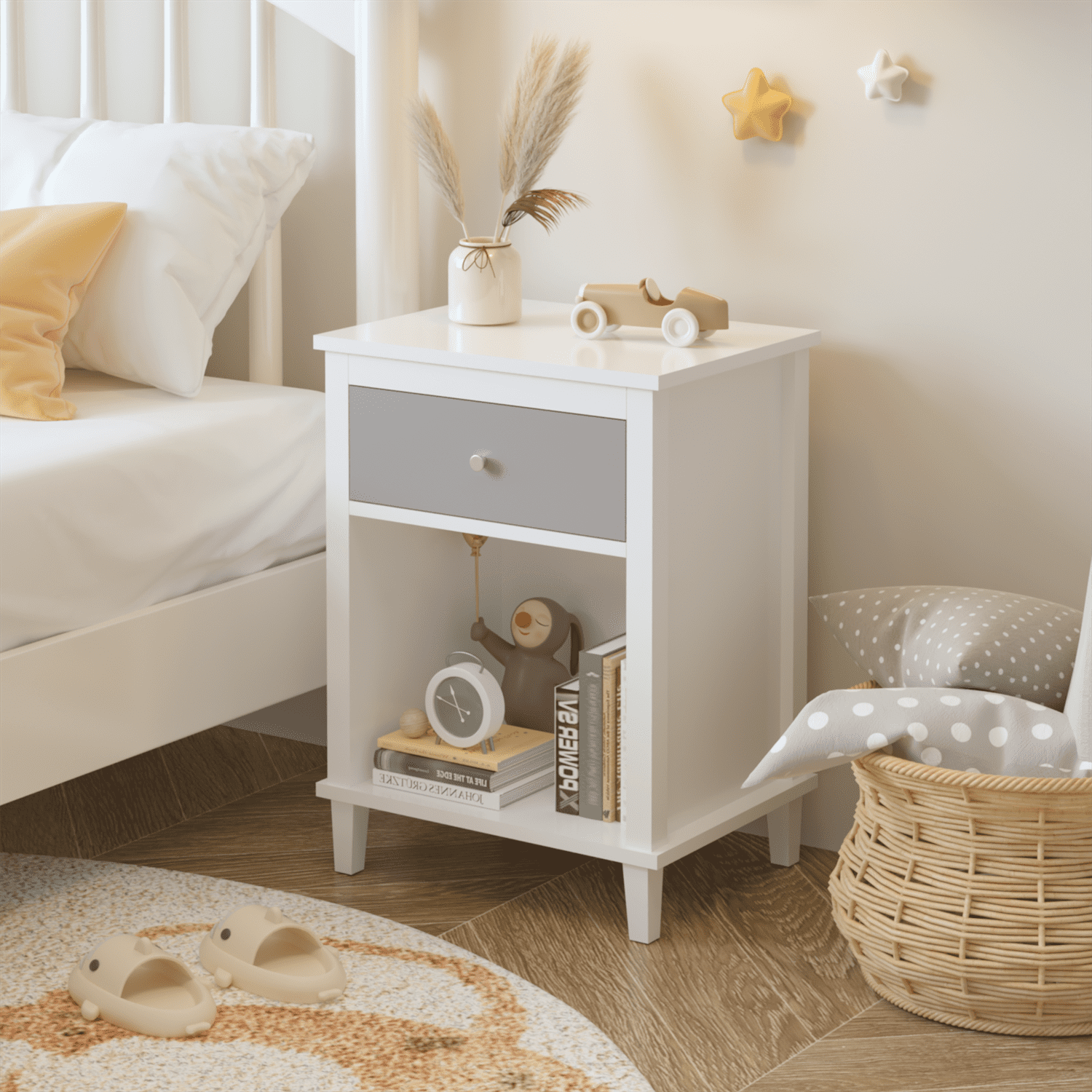 26.77"H Wooden Nightstand with One Drawer One Shelf for Kids, Adults, Gray+Silver handle