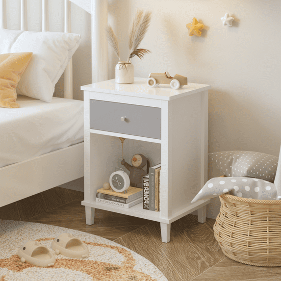 26.77"H Wooden Nightstand with One Drawer One Shelf for Kids, Adults, Gray+Silver handle