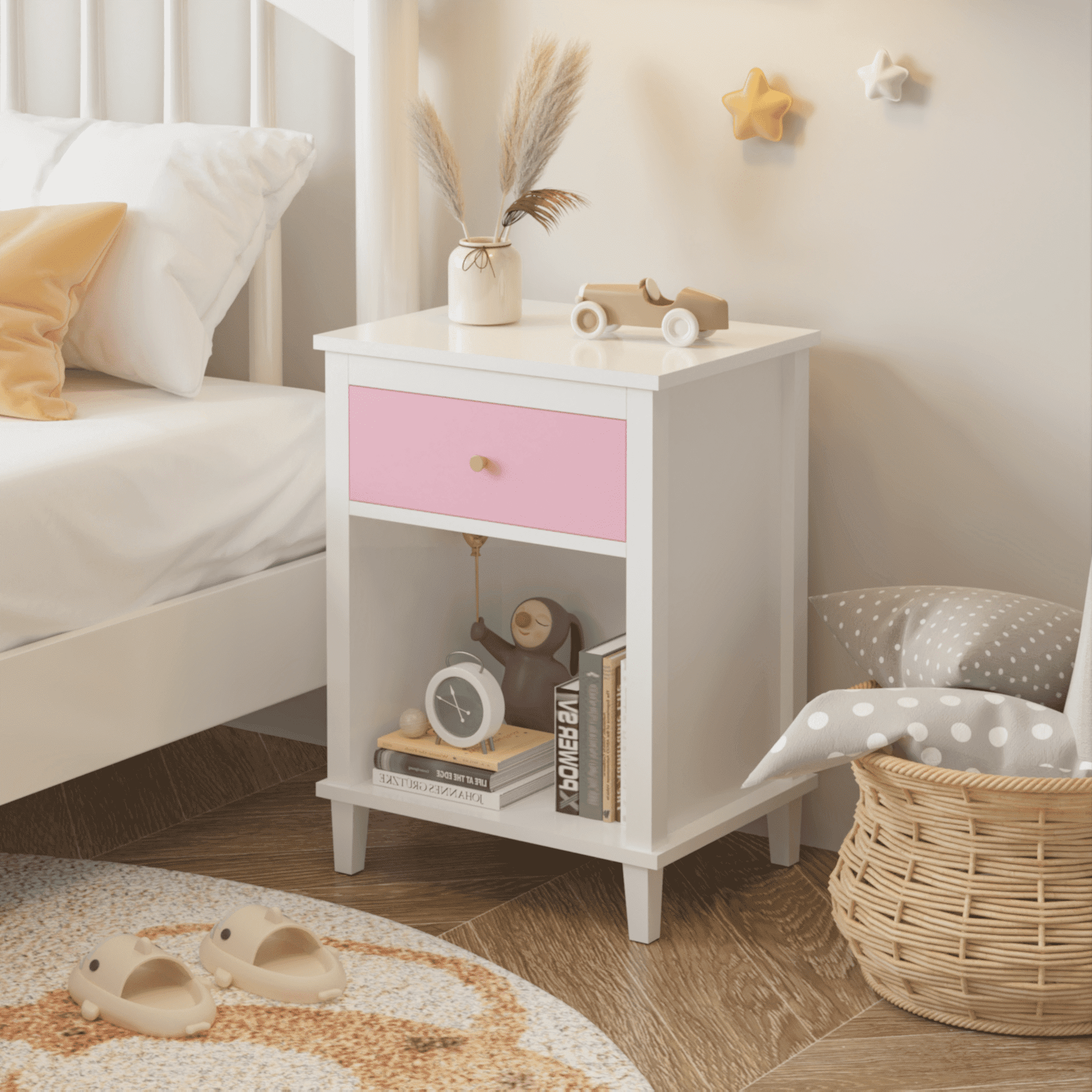 26.77''H Wooden Nightstand with One Drawer One Shelf for Kids, Adults, Pink+Golden handle