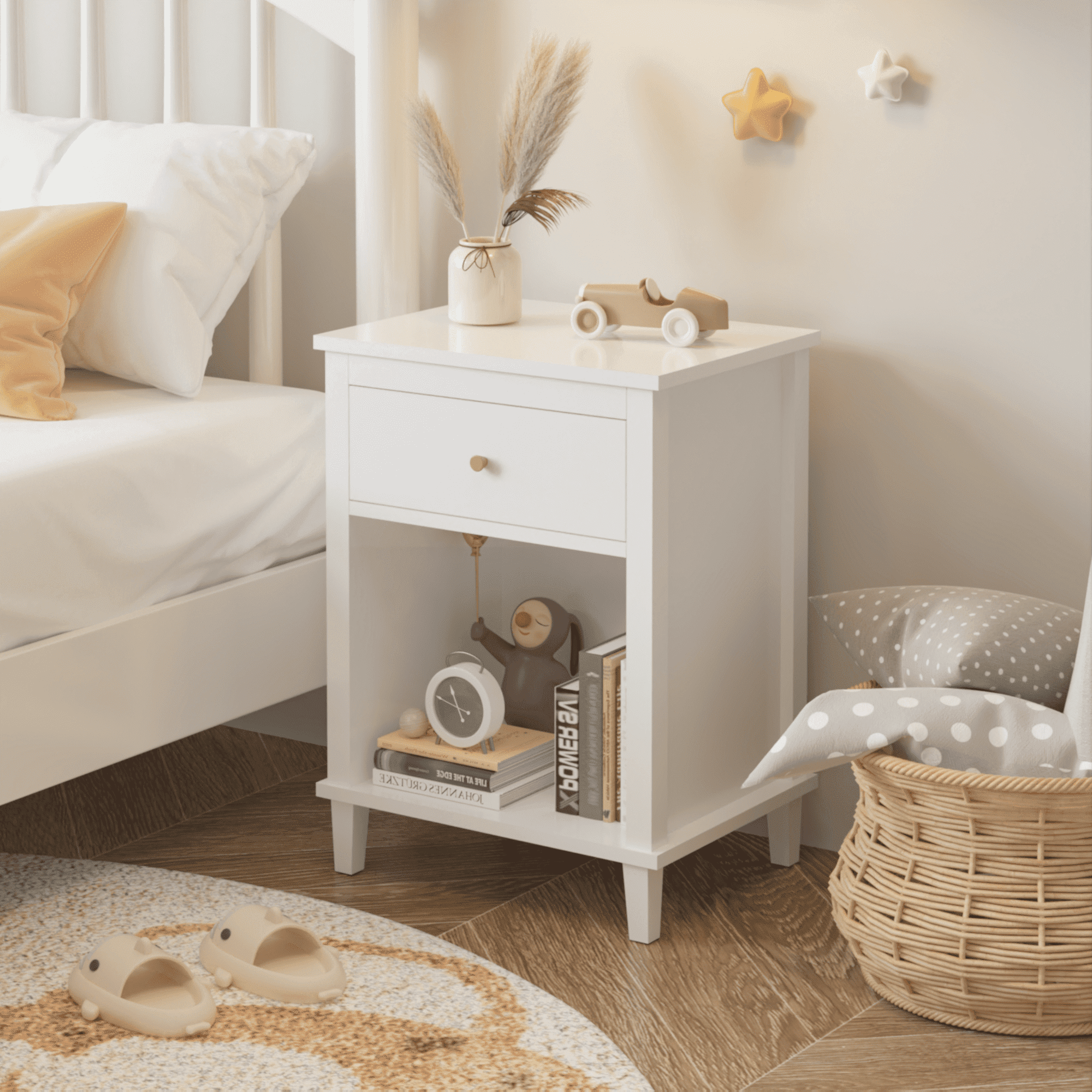 26.77''H Wooden Nightstand with One Drawer One Shelf for Kids, Adults, White+Golden handle