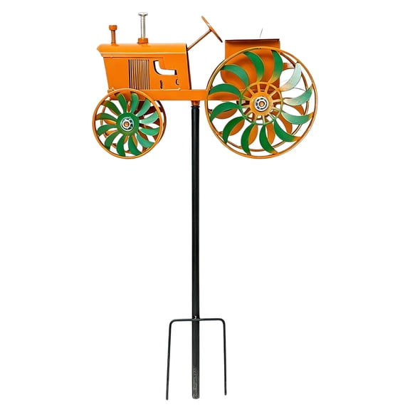 26.77 Inch Vintage Orange Tractor Windmill Stake, Iron Kinetic Wind Sculpture, Rust-Proof Outdoor Yard Art for Garden Patio Lawn