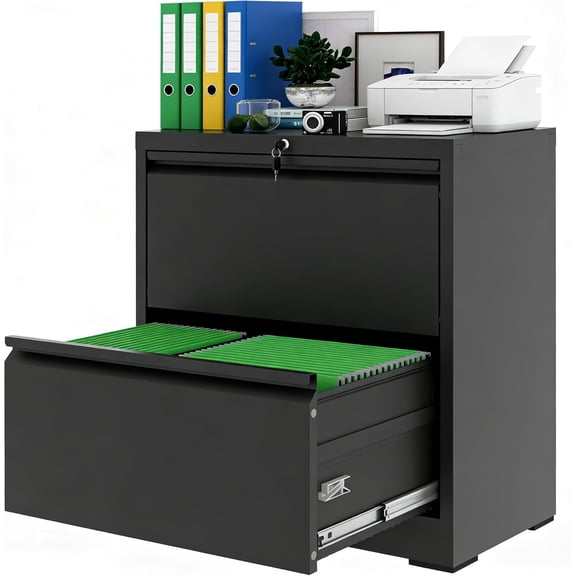 26.77-Inch Wide Black 2-Drawer Lateral File Cabinet with Lock, Metal Storage for Home Office