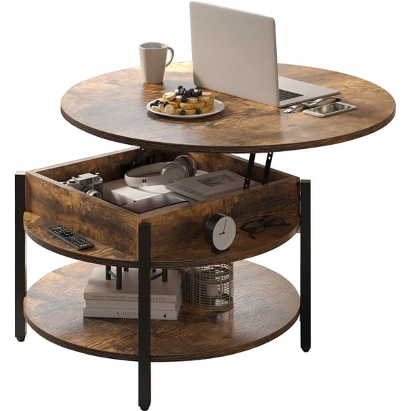26.77 Round Lift Top Coffee Table with Storage, Rustic Brown | Farmhouse Coffee Table, 2 Tier Small Round Center Table, Center Table for Living Room, Circle Dining Table