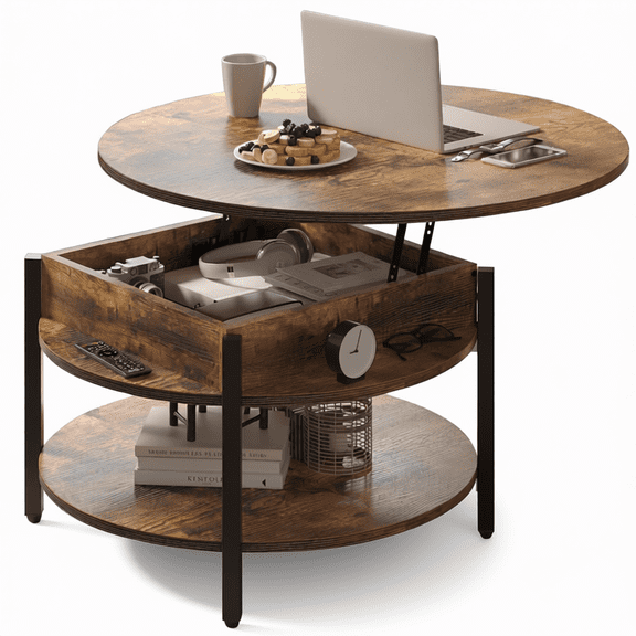 26.77" Round Lift Top Coffee Table with Storage, Rustic Brown