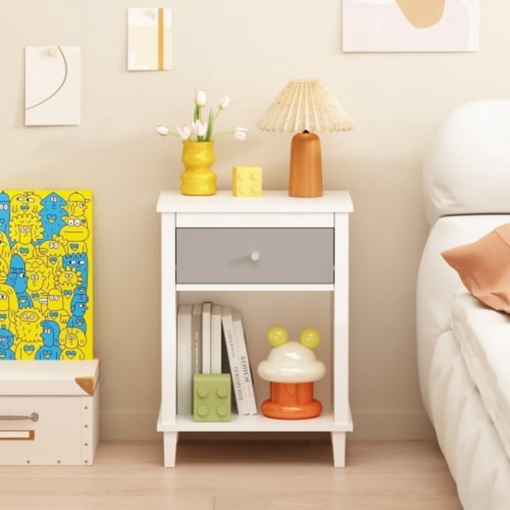 26.77" Wooden Nightstand with Drawer and Open Shelf, Modern Bedside Table for Kids & Adults, MDF End Table with Silver Handle, White & Gray