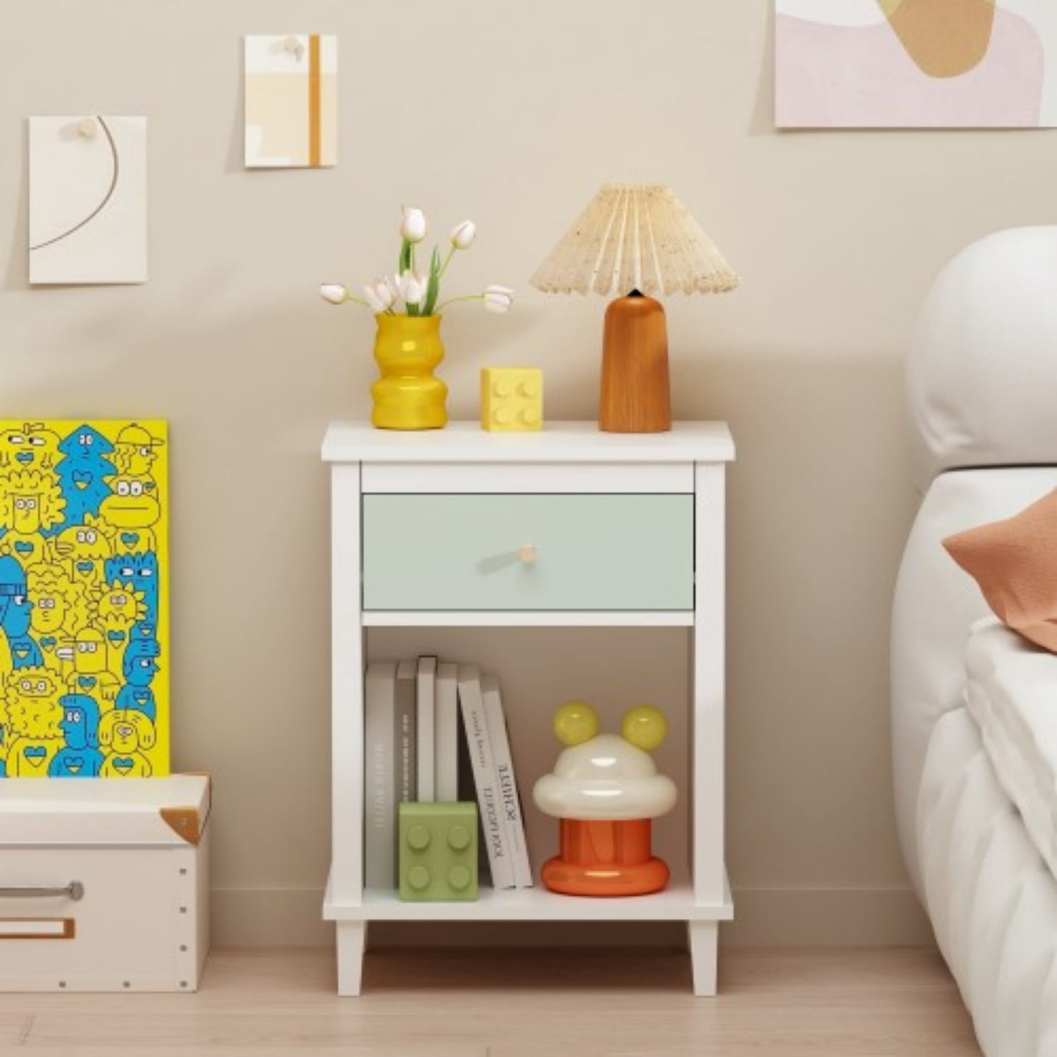 26.77" Wooden Nightstand with Drawer and Open Shelf, Modern Bedside Table for Kids & Adults, MDF End Table with Silver Handle, White+Green