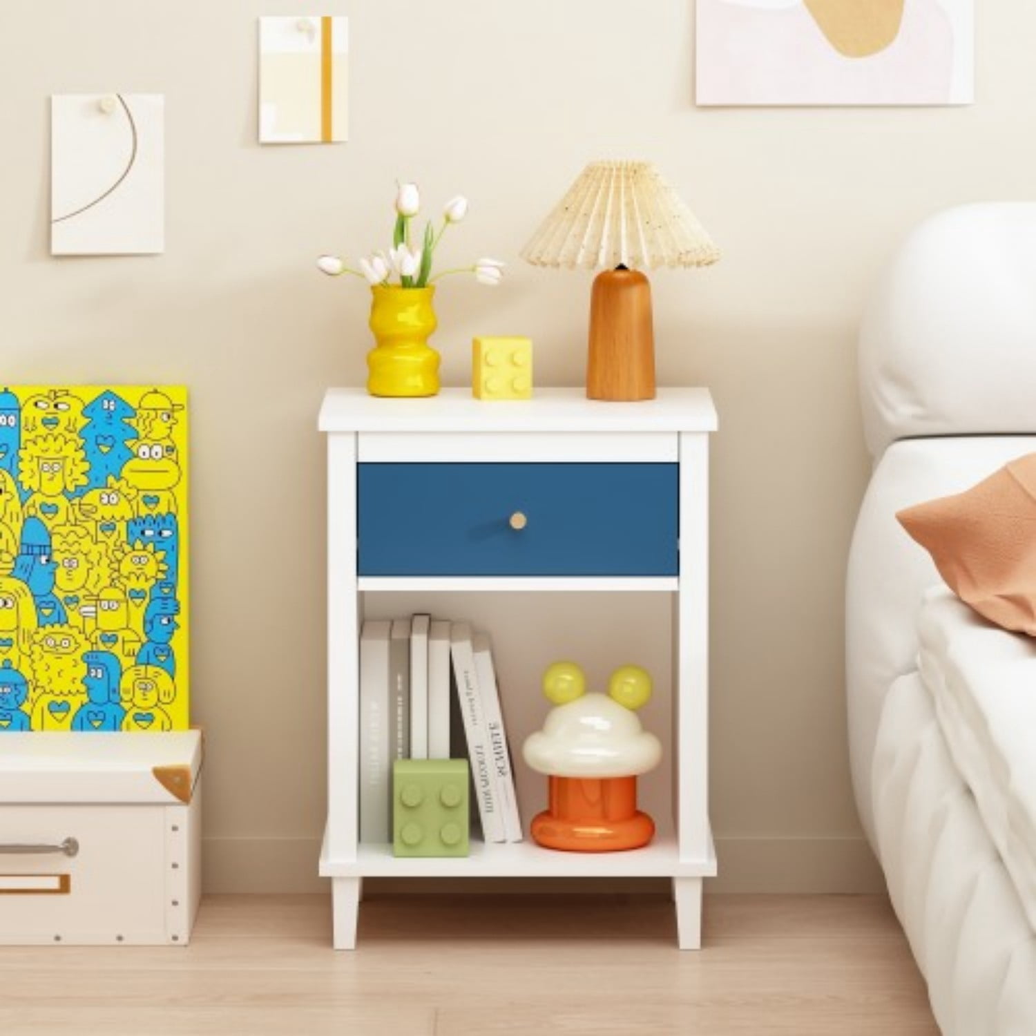 26.77" Wooden Nightstand with Drawer and Open Shelf, Modern Bedside Table for Kids & Adults, MDF End Table with Silver Handle, White+Navy
